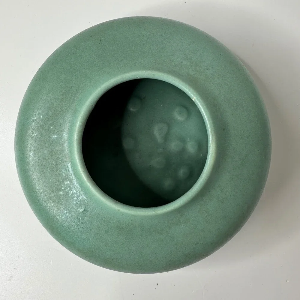 2 Art‎ Pottery Matte Green Low Profile Round Vases MCM Style Unmarked 2